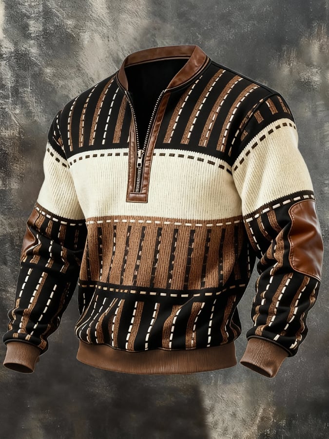 Férfi retró stílusú, lezser pulóver kontrasztos színű, félcipzáras, állógallérral és hosszú ujjakkal.