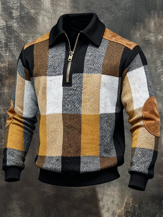 Férfi retró stílusú pulóver színes mintával és cipzárral