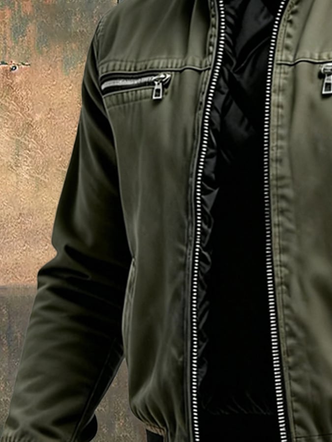 Férfi retró kültéri kabát szőtt, tiszta pamut twill anyagból, több zsebbel és polár béléssel.