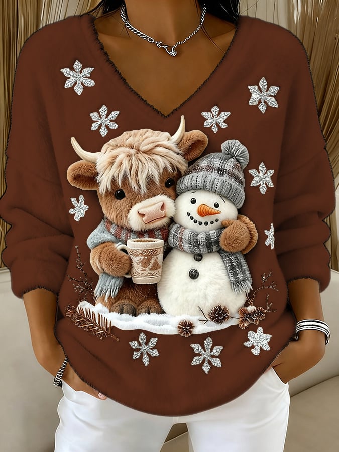 Női felső állatos motívumokkal: skót tehén, jeti, művészi nyomat, V-nyakú