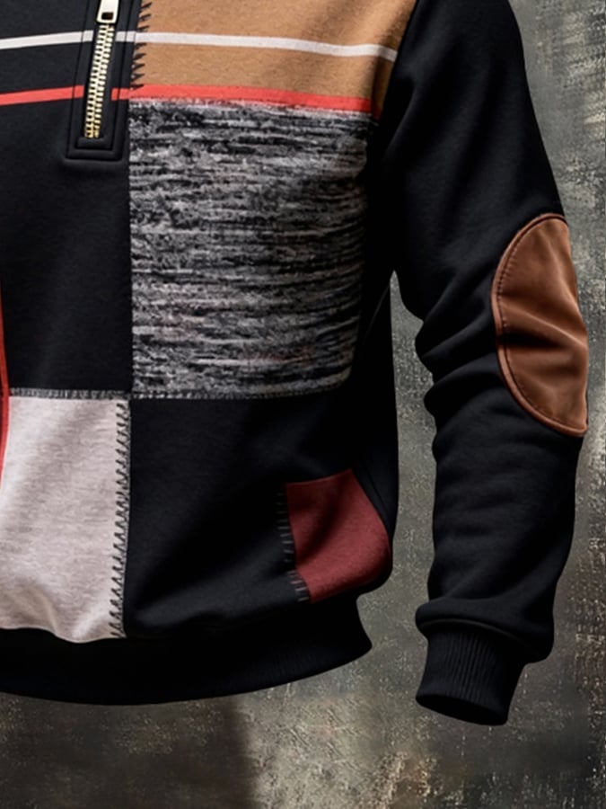 Férfi retró stílusú pulóver színes mintával és cipzárral