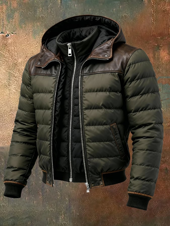 Férfi retró steppelt kabát patchwork stílusban, kétrészes, meleg, cipzáras, kültéri tevékenységekhez