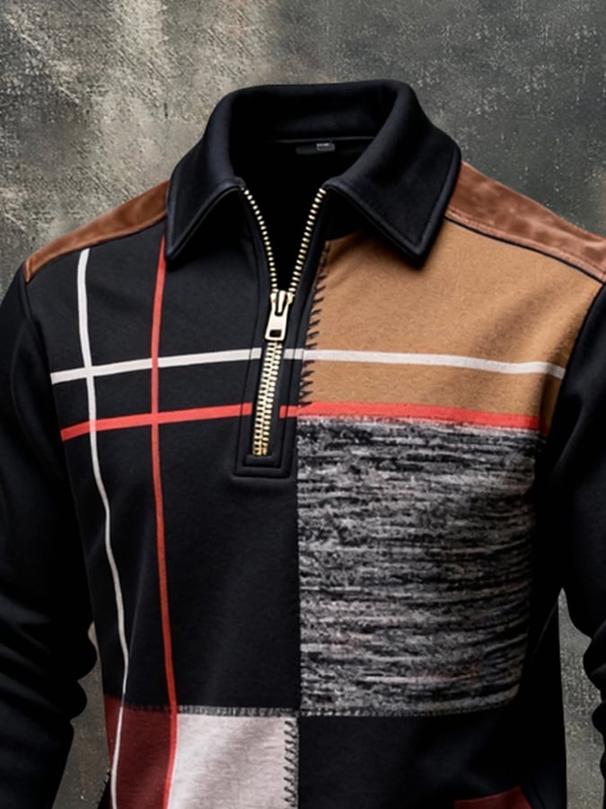 Férfi retró stílusú pulóver színes mintával és cipzárral