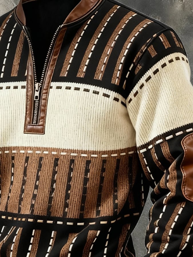 Férfi retró stílusú, lezser pulóver kontrasztos színű, félcipzáras, állógallérral és hosszú ujjakkal.