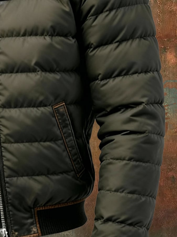 Férfi retró steppelt kabát patchwork stílusban, kétrészes, meleg, cipzáras, kültéri tevékenységekhez