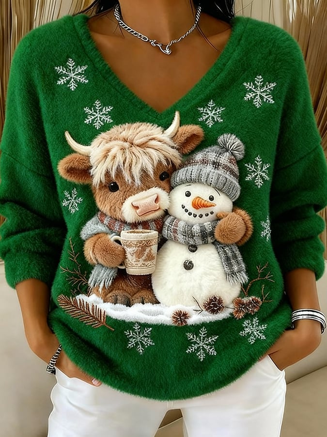 Női felső állatos motívumokkal: skót tehén, jeti, művészi nyomat, V-nyakú