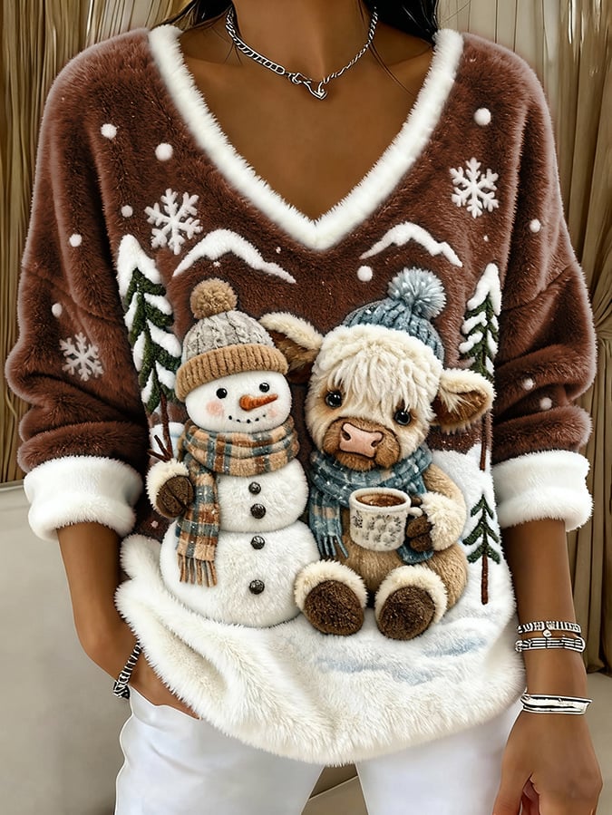 Női felső állatos motívumokkal: skót tehén, jeti, művészi nyomat, V-nyakú