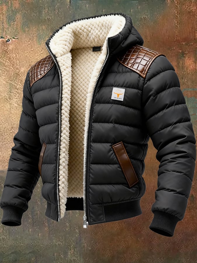 Férfi retró steppelt, patchwork plüss kültéri kabát cipzárral, meleg és kényelmes