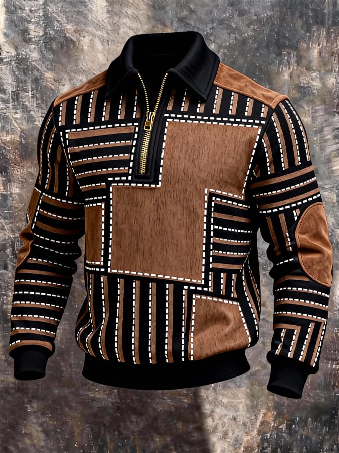 Férfi retró stílusú pulóver színes mintával és cipzárral