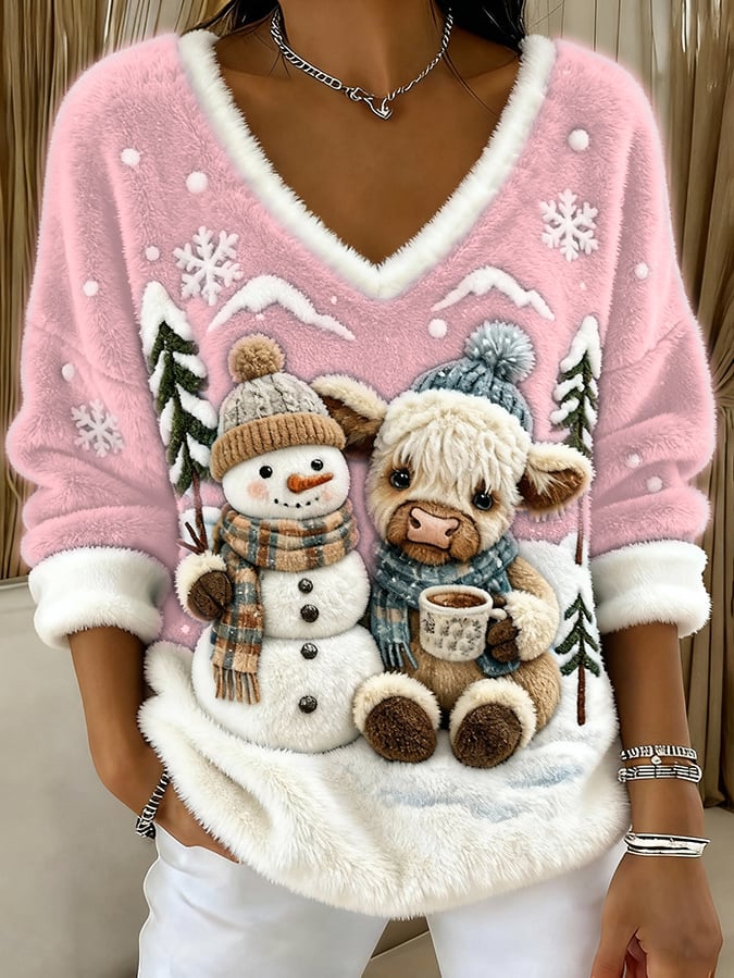 Női felső állatos motívumokkal: skót tehén, jeti, művészi nyomat, V-nyakú