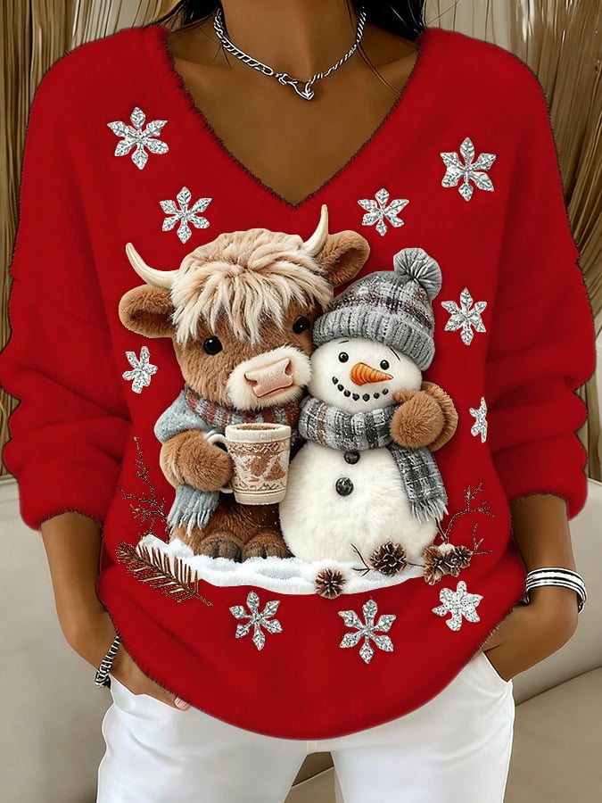 Női felső állatos motívumokkal: skót tehén, jeti, művészi nyomat, V-nyakú
