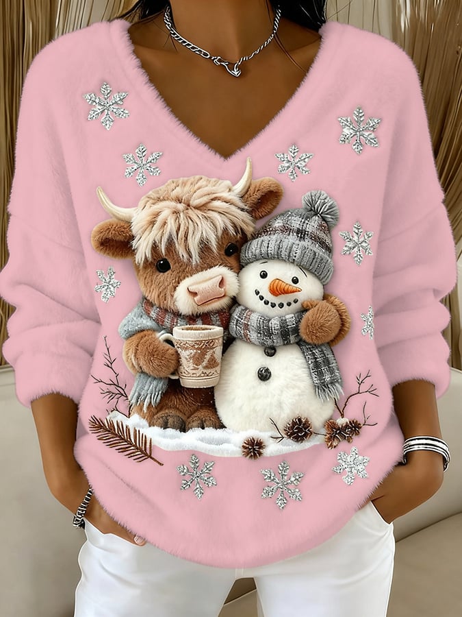 Női felső állatos motívumokkal: skót tehén, jeti, művészi nyomat, V-nyakú