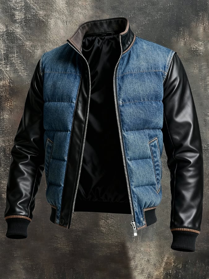 Retro férfi outdoor dzseki Tencel farmerből, steppeléssel, foltvarrott bőr részletekkel és cipzárral.